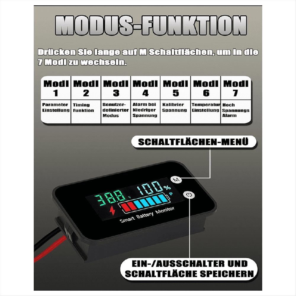 IPX7 Waterproof Battery Monitor with Bracket 7-100V,Car Golf Cart Battery Meter Buzzer Alarm & Temperature