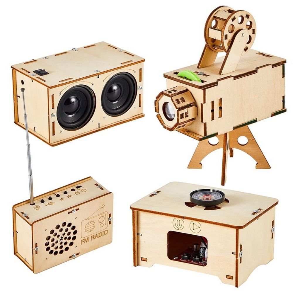 4 Set of Wooden Puzzle DIY Craft Kit Speaker Radio Gramophone Projector Soldering Practice DIY Electronic Kits