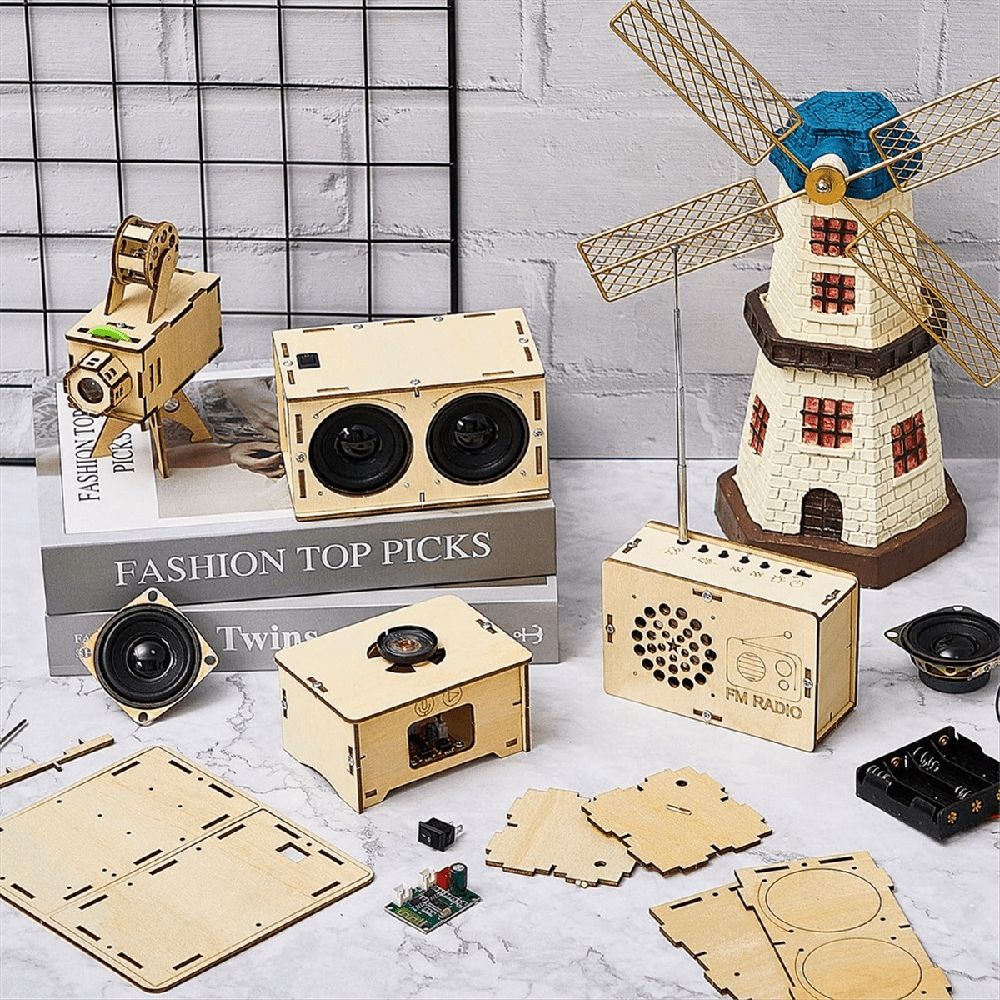 4 Set of Wooden Puzzle DIY Craft Kit Speaker Radio Gramophone Projector Soldering Practice DIY Electronic Kits