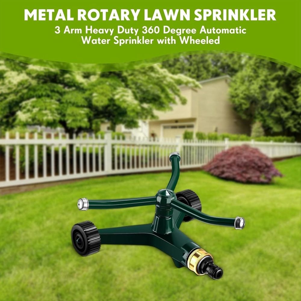 Metal Rotary Lawn Sprinkler 3 Arm Heavy Duty 360 Degree Automatic Revolving Whirling Water Sprinkler with Wheeled Base