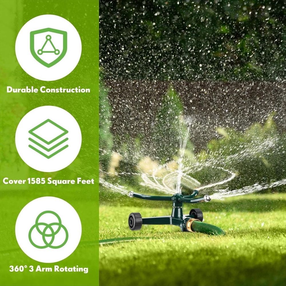 Metal Rotary Lawn Sprinkler 3 Arm Heavy Duty 360 Degree Automatic Revolving Whirling Water Sprinkler with Wheeled Base