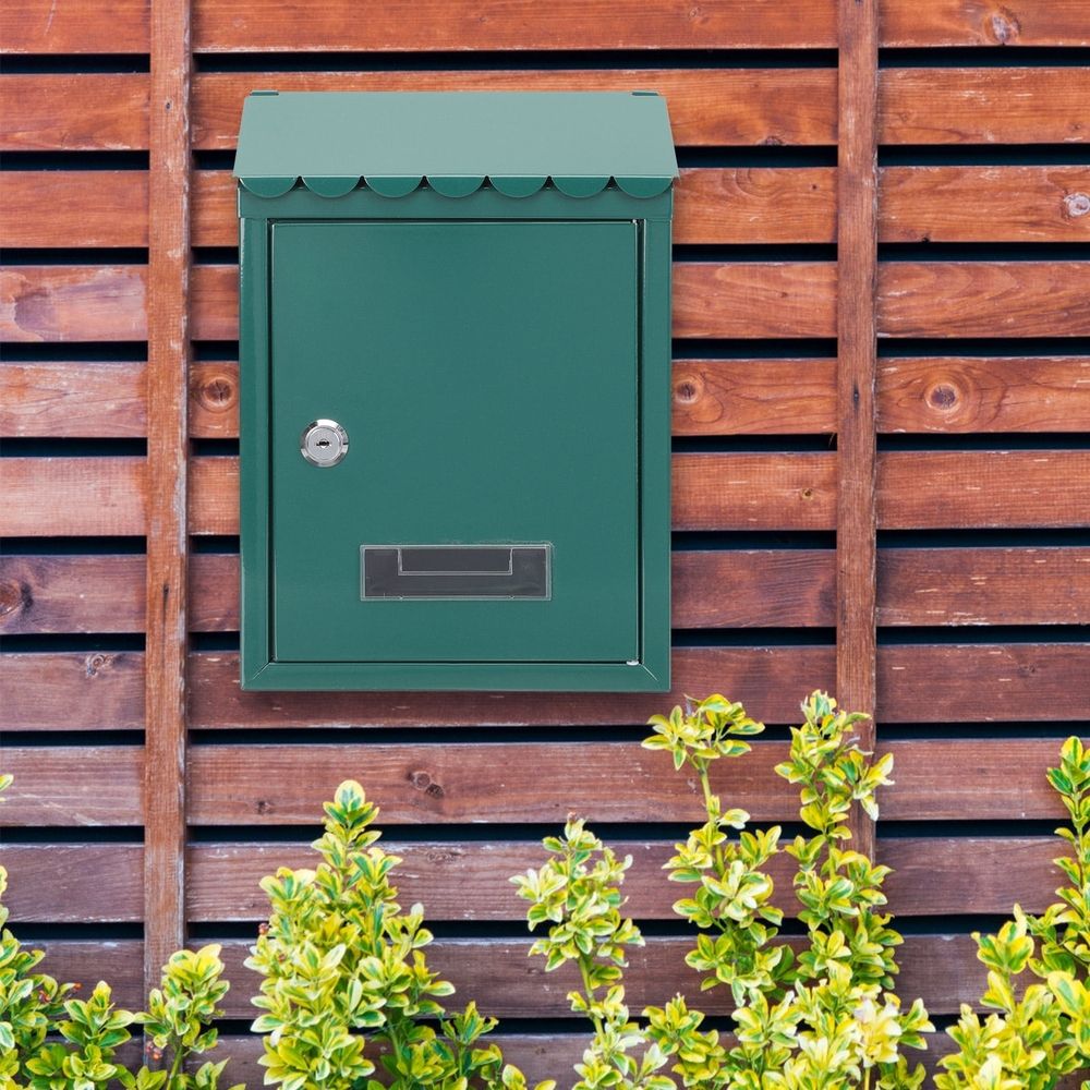 Green Locking Wall-Mounted Mailbox with Iron Post, Outdoor Home Decor and Secure Mail Storage