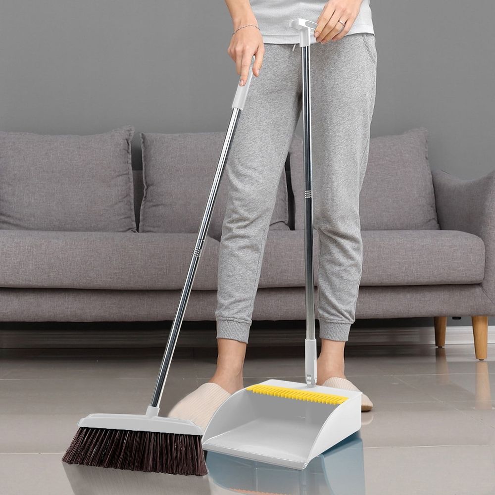 Broom and Dustpan Set, Long Handle Broom and Dustpan Set, Broom with Stand Up Dustpan Combo Set, for Home, Office, Lobby