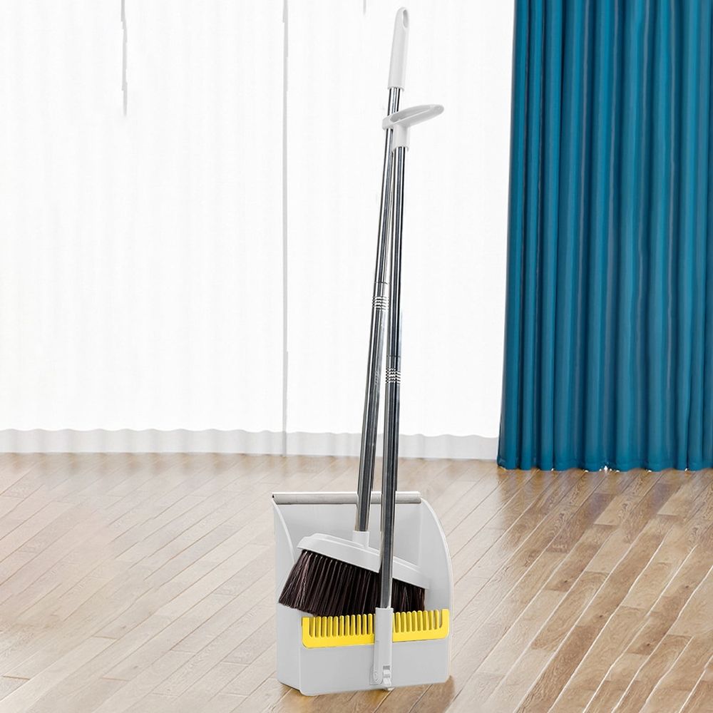 Broom and Dustpan Set, Long Handle Broom and Dustpan Set, Broom with Stand Up Dustpan Combo Set, for Home, Office, Lobby