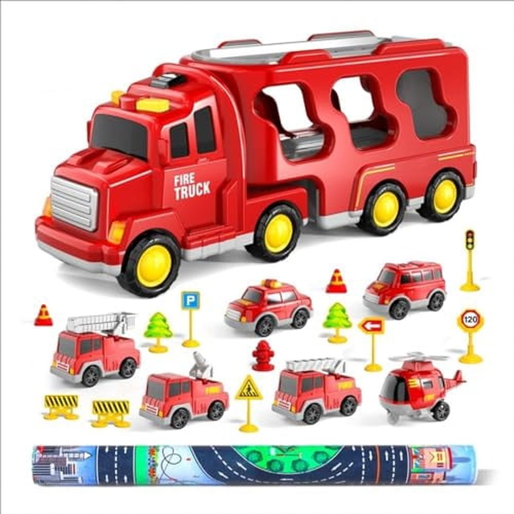 Toddler Car Toys for 1 2 3 4 5 6 Years Old Boys,7 in 1 Fire Car Trucks Playset with Play Mat & Accesoories,Birthday Gifts for Toddlers Kids Boys Girls Age 1-3 3-5