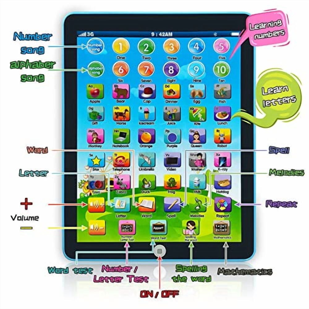 Kids Learning Pad/Tablet Interactive Toddler Toys with Words Numbers Alphabets Music English Electronic Educational Toy for Preschool Boys & Girls 3-8 Years Old (Blue)