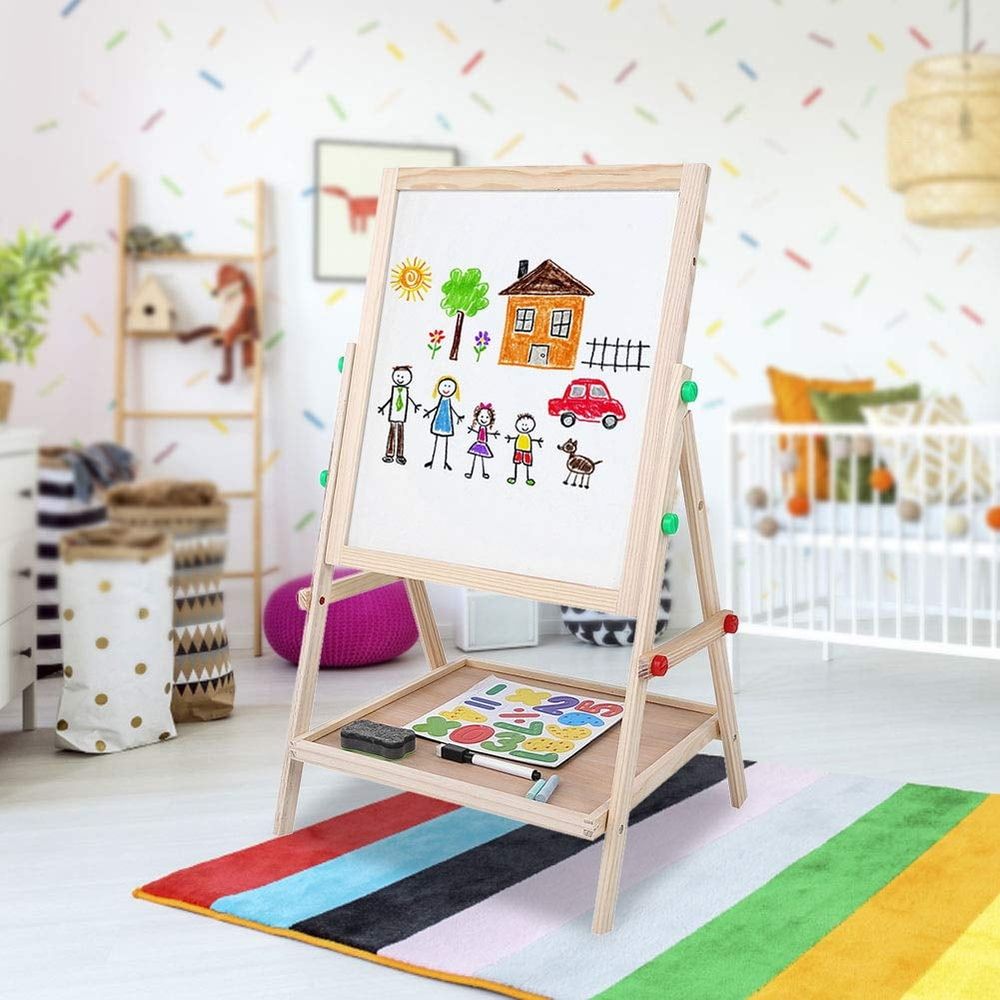 Art Easel for Kids Wooden Toddler Easel Double Sided Standing Chalkboard Dry Erase Board for Kids Toddler Drawing Board with Accessories,Blackboard & Whiteboard for Kids
