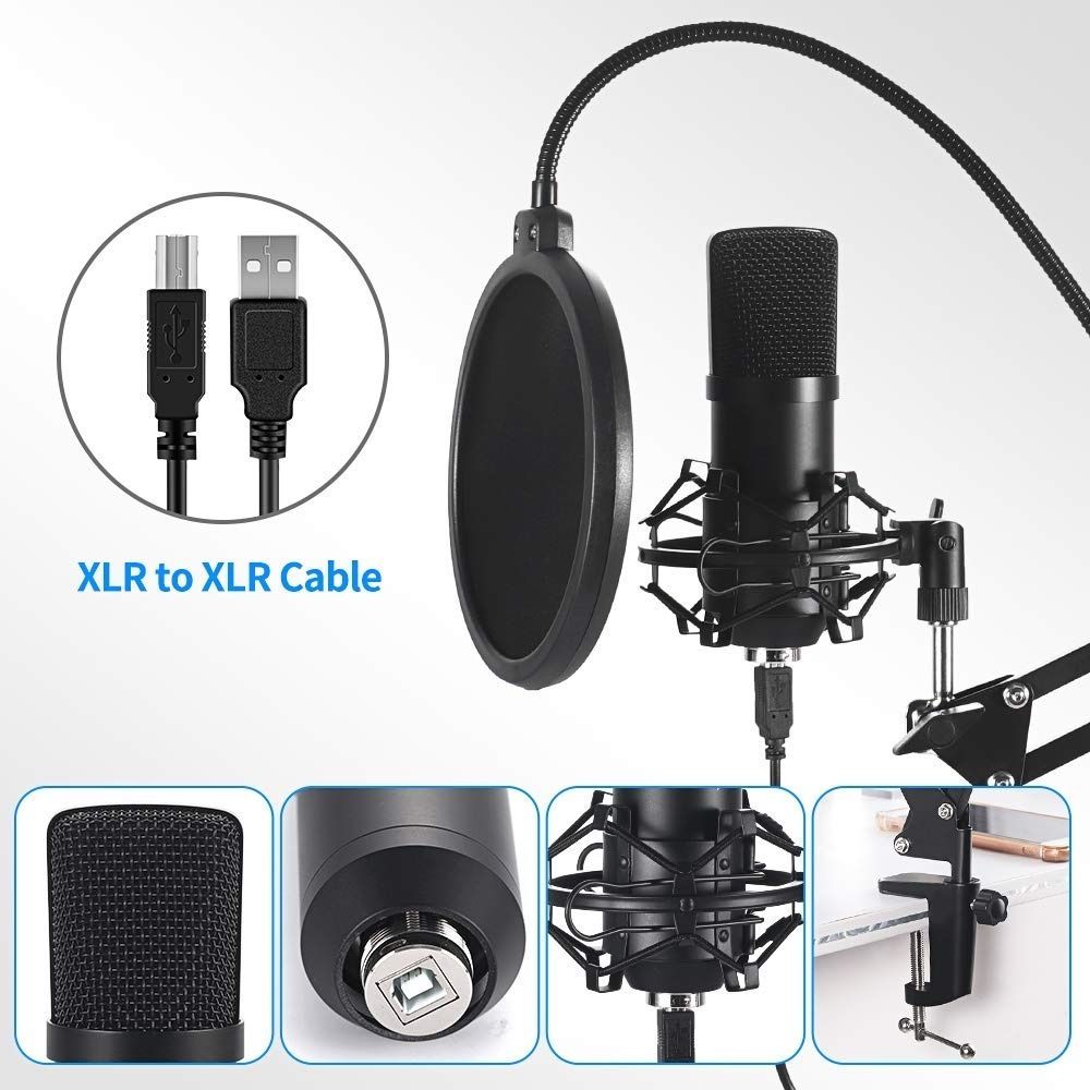 USB Streaming Podcast PC Microphone: Professional Computer Mic 192kHz/24bit Cardioid Condenser Mic Kit with Sound Card Boom Arm Shock Mount Pop Filter