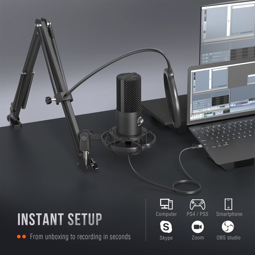 Studio Condenser USB Microphone Computer PC Microphone Kit with Adjustable Boom Arm Stand Shock Mount for Instruments Voice Overs Recording Podcasting YouTube Vocal Gaming Streaming-T669