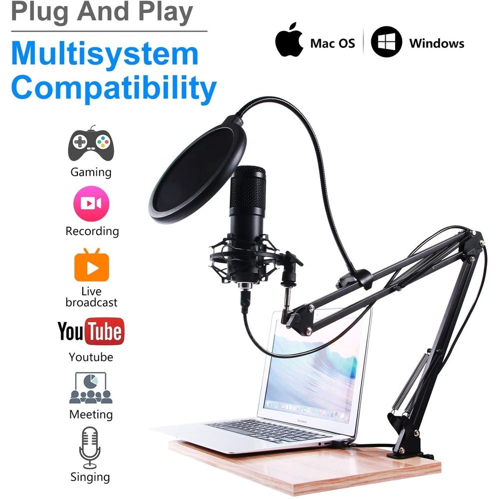 USB Gaming Microphone Streaming Podcast PC Microphone Condenser Mic Kit with Flexible Arm for Gaming Recording Singing PS4 Computer Studio Laptop