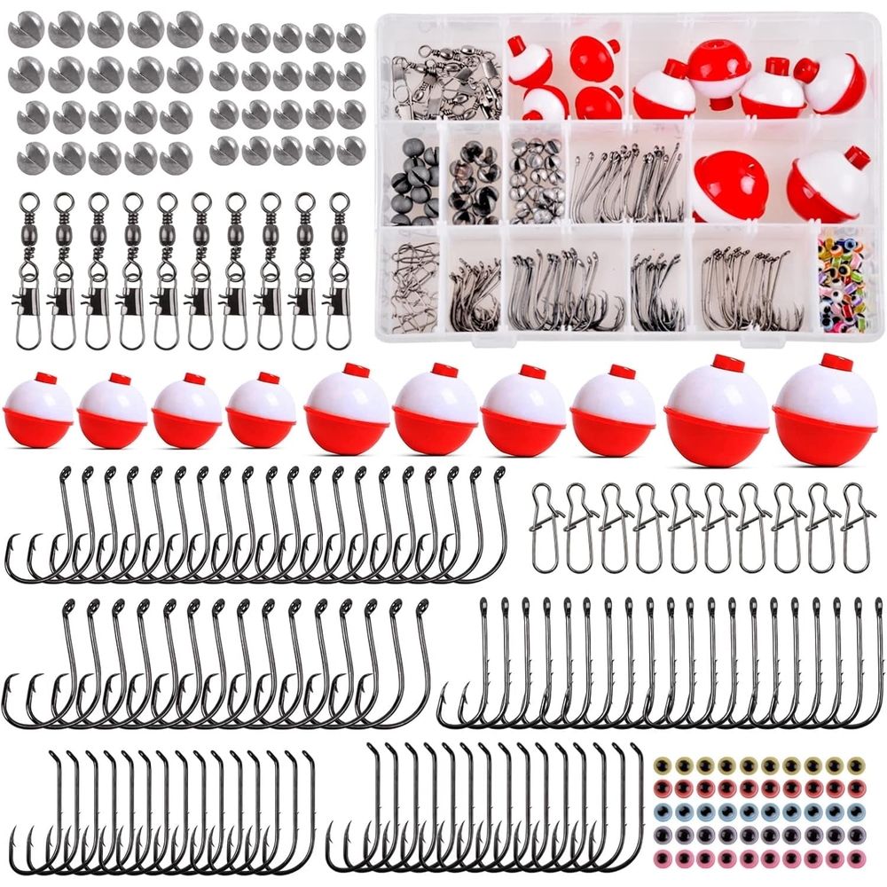 Fishing Bobbers Tackle Kit,205pcs Basic Tackle Box Fishing Accessories Included Fishing Hooks,Bobbers,Fishing Weights,Swivel Snaps,Fishing Equipment Starter Kit for Trout Catfish Panfish