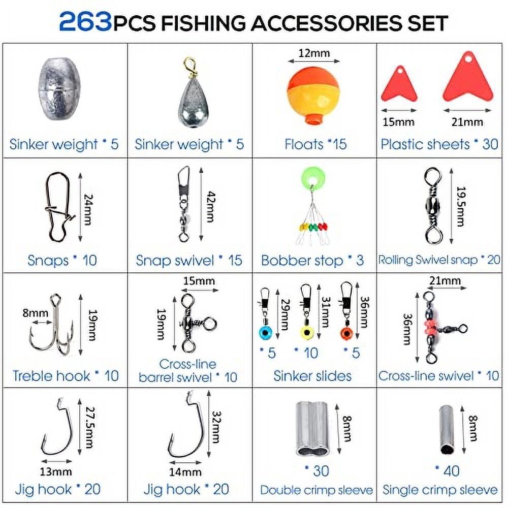 263pcs Fishing Accessories Set with Tackle Box Including Plier Jig Hooks Sinker Weight Swivels Snaps Sinker Slides