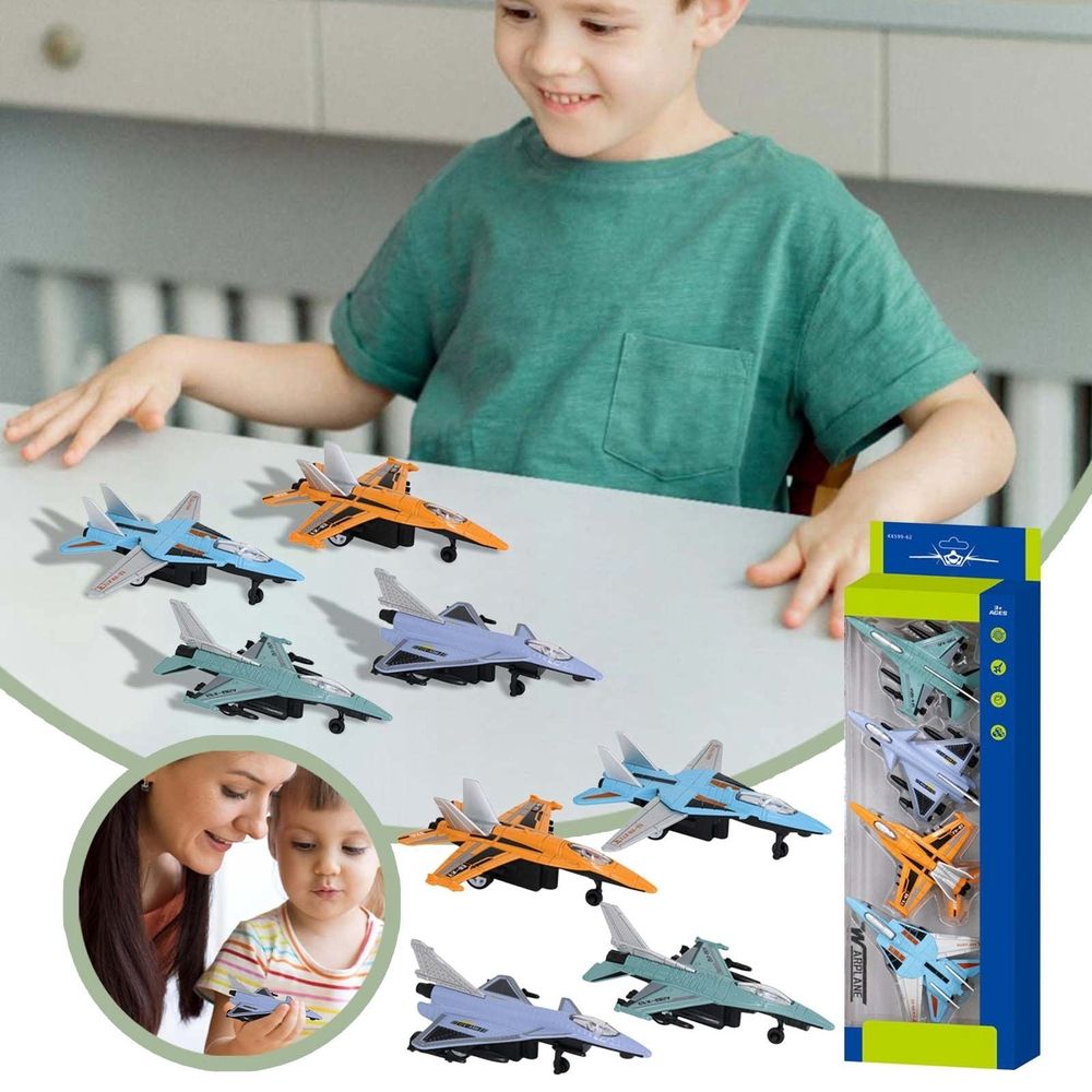 4-Pack Alloy Die-Cast Pull Back Airplane Toy for Kids, Dispenser Prize and Party Favors, Fun Interactive Toys for Boys and Girls
