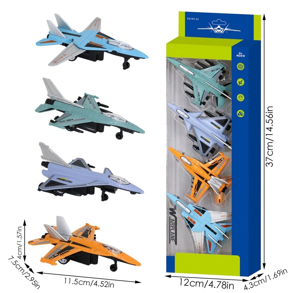 4-Pack Alloy Die-Cast Pull Back Airplane Toy for Kids, Dispenser Prize and Party Favors, Fun Interactive Toys for Boys and Girls