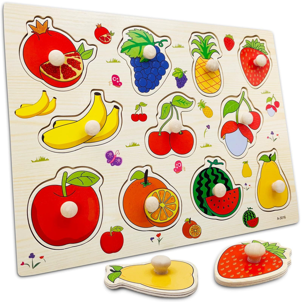 Knob Puzzle Game Set, Children's Wooden Cognitive Knob Puzzle Game Set, Girls and Boys Learning Digital Fruits