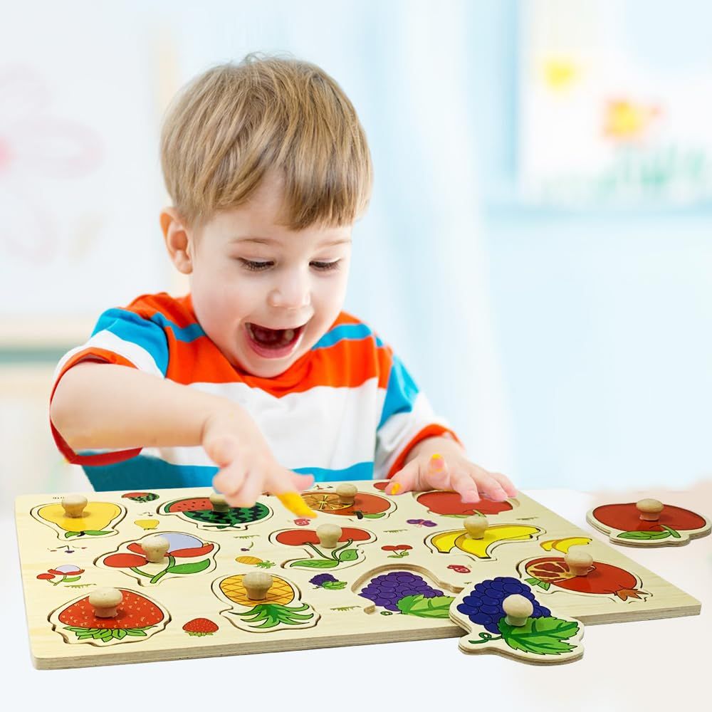 Knob Puzzle Game Set, Children's Wooden Cognitive Knob Puzzle Game Set, Girls and Boys Learning Digital Fruits