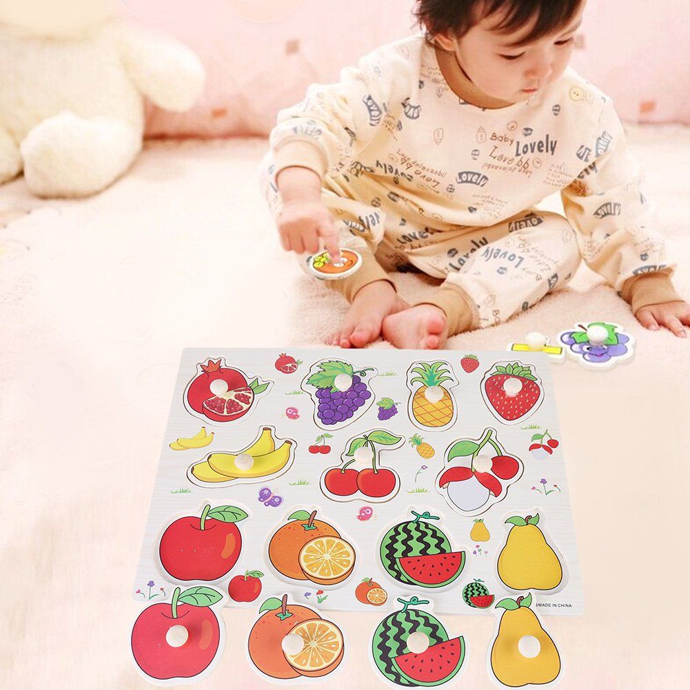 Knob Puzzle Game Set, Children's Wooden Cognitive Knob Puzzle Game Set, Girls and Boys Learning Digital Fruits