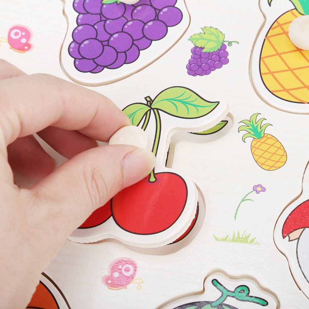 Knob Puzzle Game Set, Children's Wooden Cognitive Knob Puzzle Game Set, Girls and Boys Learning Digital Fruits