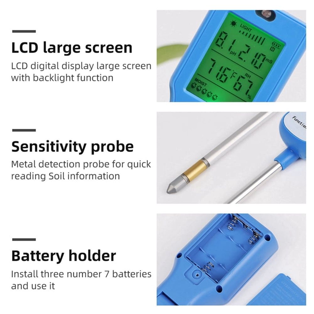 6-in-1 Soil Tester Multi-Function Digital Soil PH Meter Large Screen Digital Display Test Value PH Meter