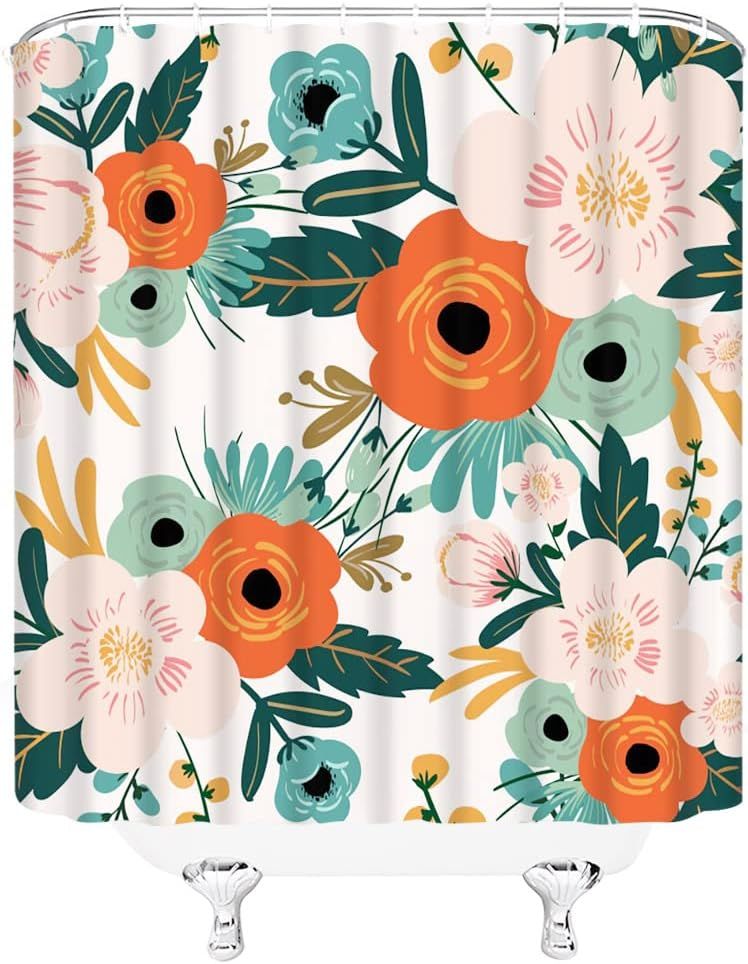 Colorful Floral Shower Curtain Watercolor Spring Red Flower Green Leaves Boho Botanical Poppy Bathroom Curtains Set with Hooks