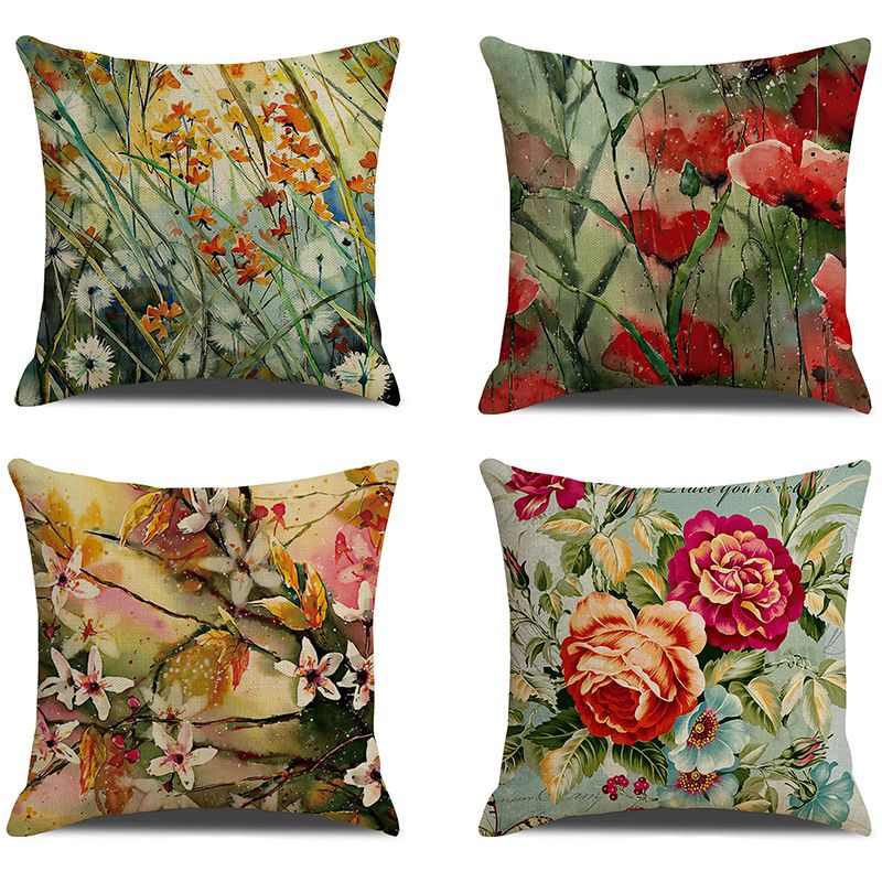 4 Pack Outdoor Waterproof Throw Pillow Covers 18x18 Inch Linen Garden Cushion Covers Vintage Red Flower Decorative Pillowcases