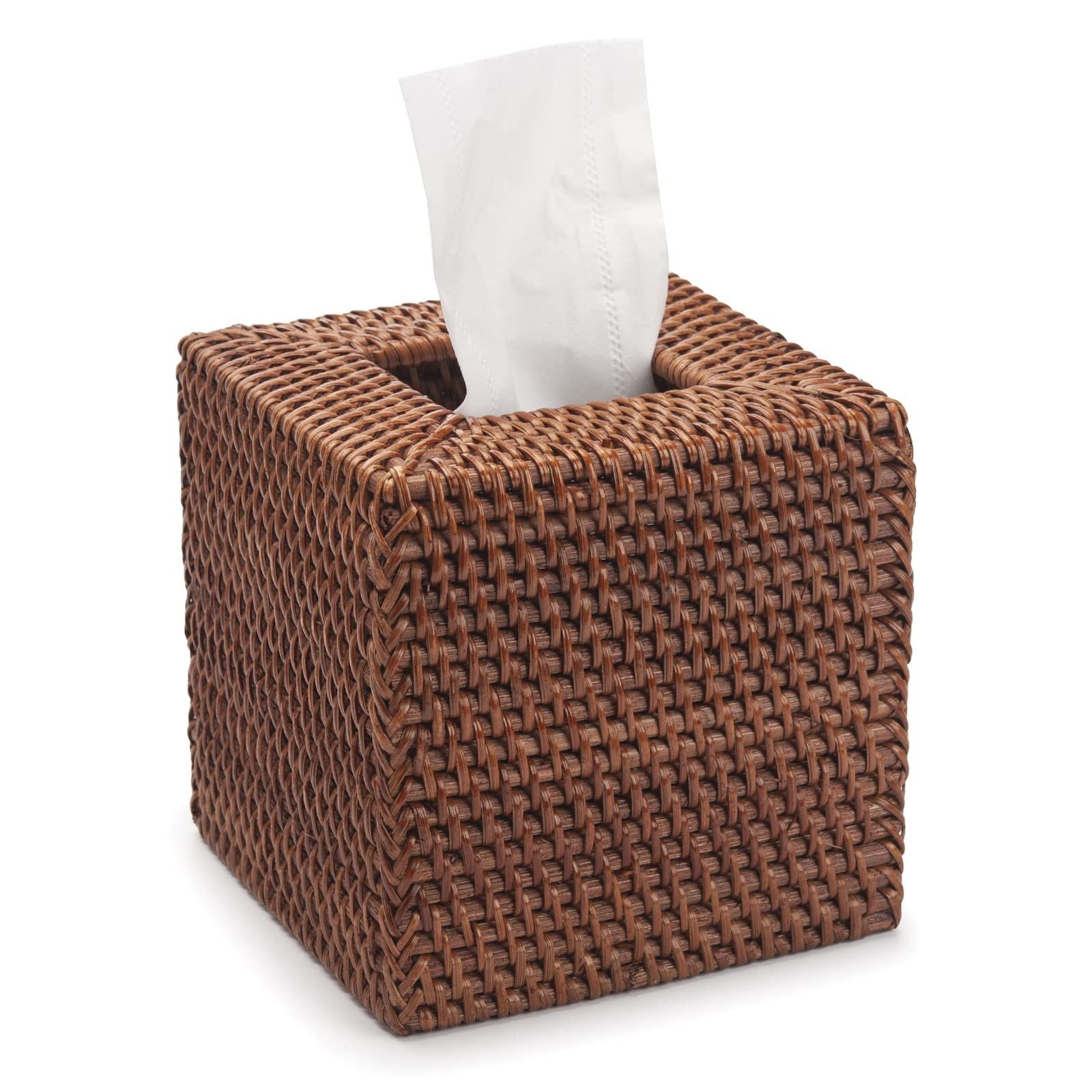 Rattan Tissue Box Cover Natural Woven Facial Napkin Holder Square Open bottom allows  (Honey Brown, 5.5x5.5x5.9 Inch)