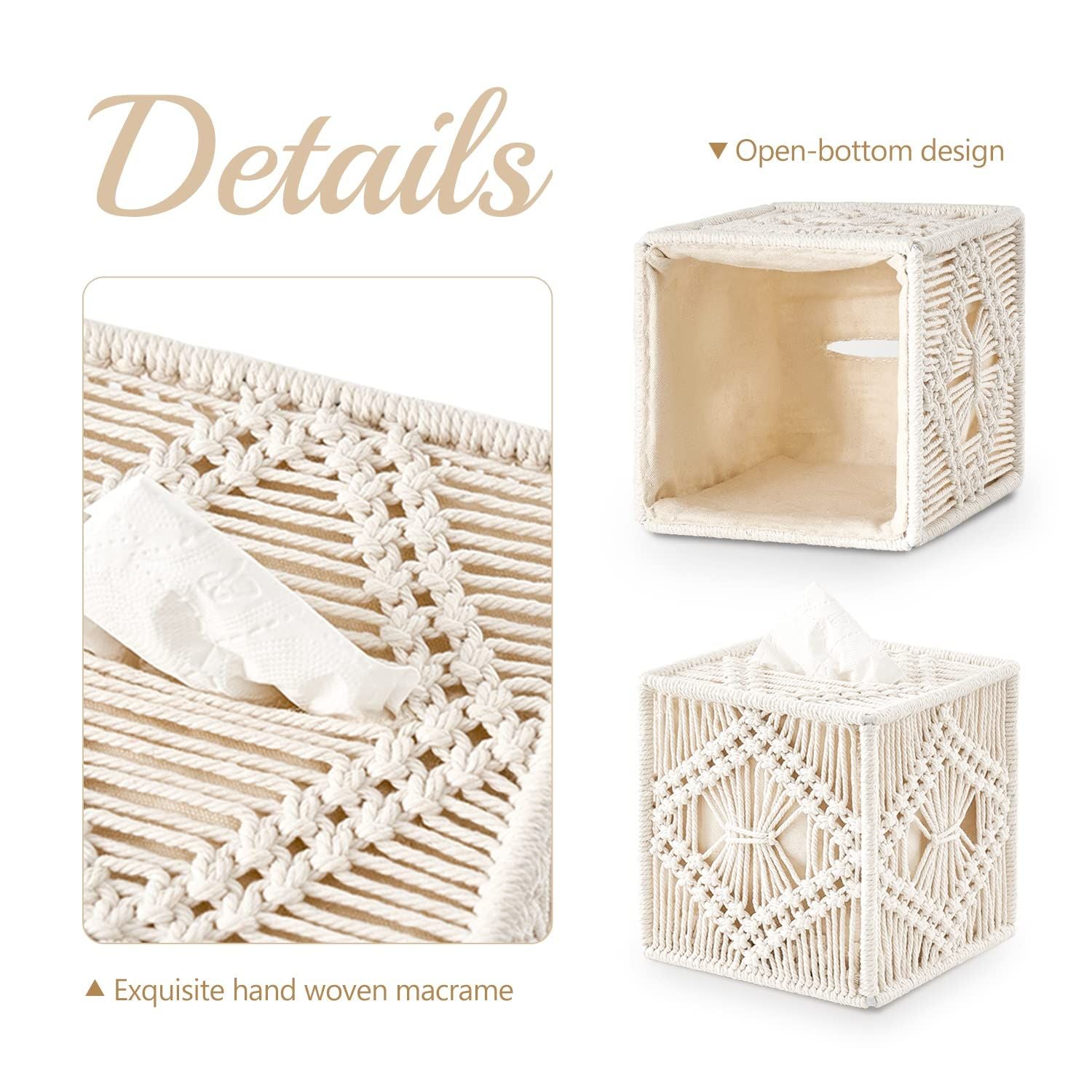 Square Open-Bottom Tissue Box Holder Boho Decor Tissue Organizer Bohemian Handmade Woven Tissue Cube Box for Bathroom Bedroom