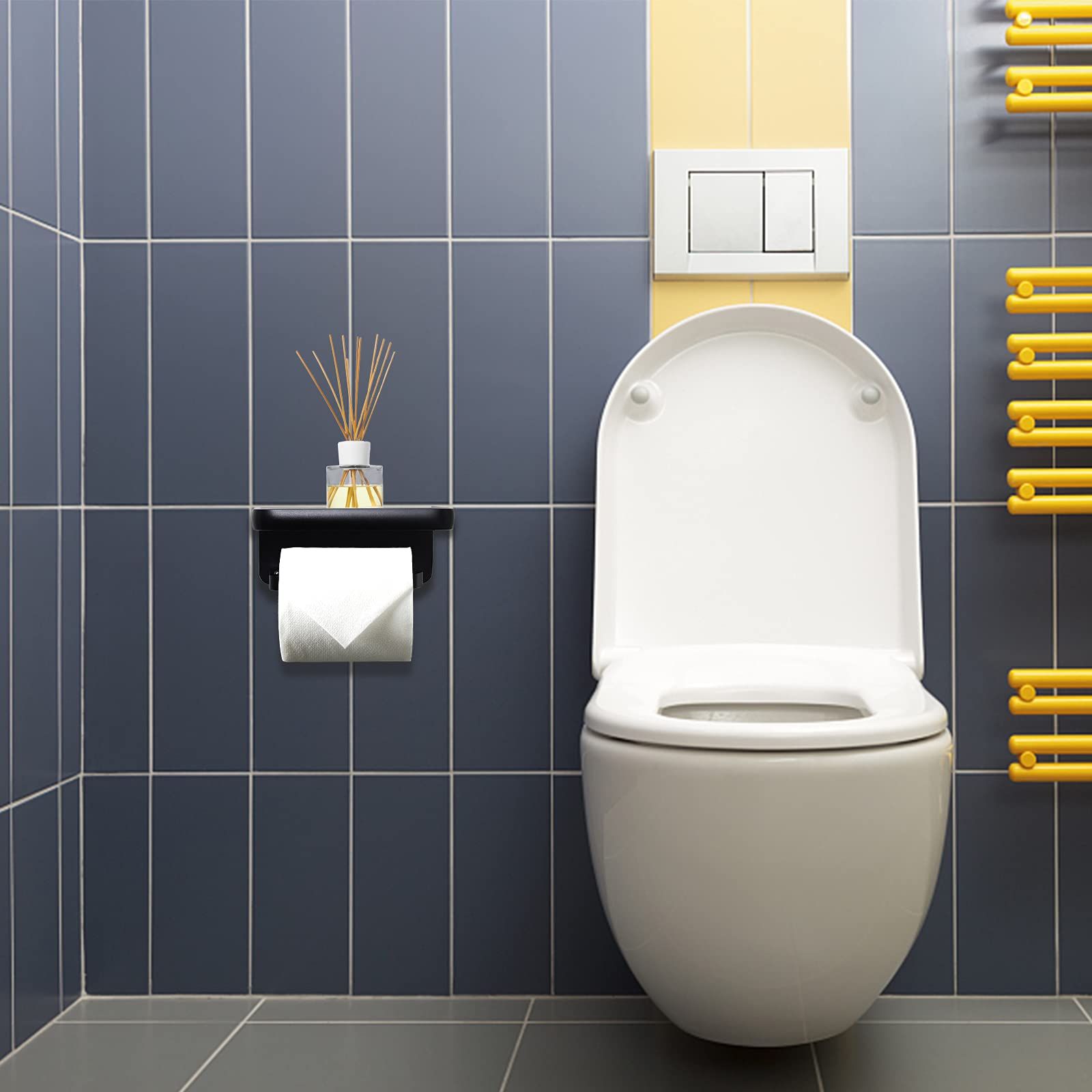 Toilet Paper Holder with Shelf, Matte Black Toilet Paper Holder, Toilet PaperHolder Wall Mount, Bathroom Adhesive Toilet Paper