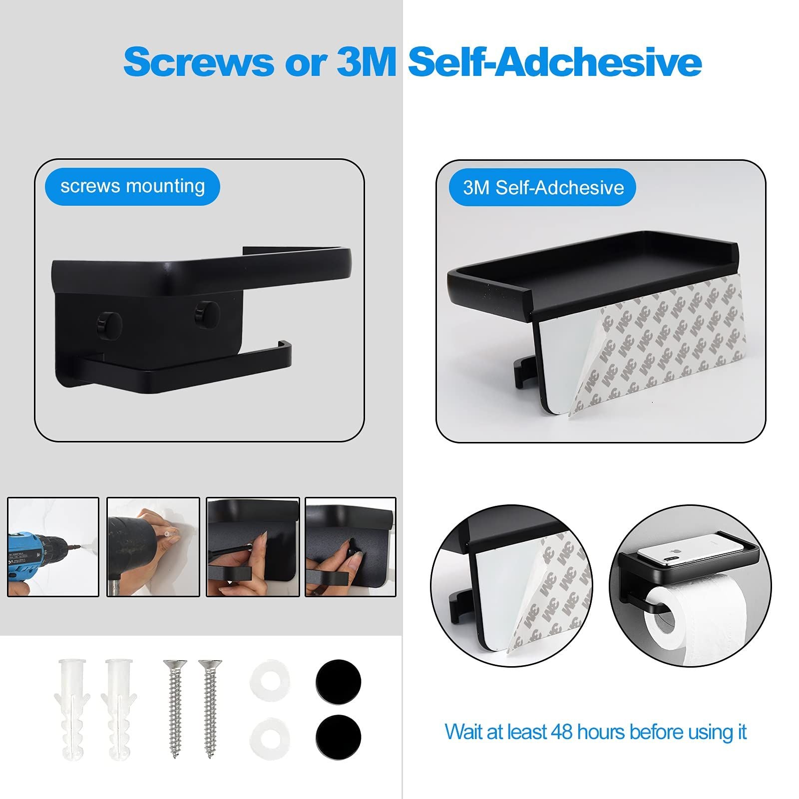 Toilet Paper Holder with Shelf, Matte Black Toilet Paper Holder, Toilet PaperHolder Wall Mount, Bathroom Adhesive Toilet Paper
