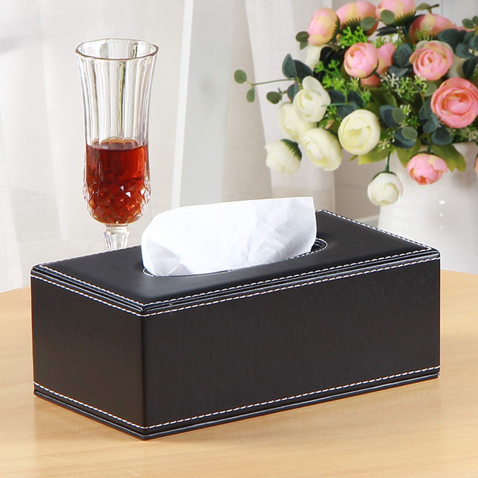 High-end Fashion PU Leather Tissue Box Holder Black with lid, Rectangular Napkin Facial Tissues Holder Dispenser(Black)