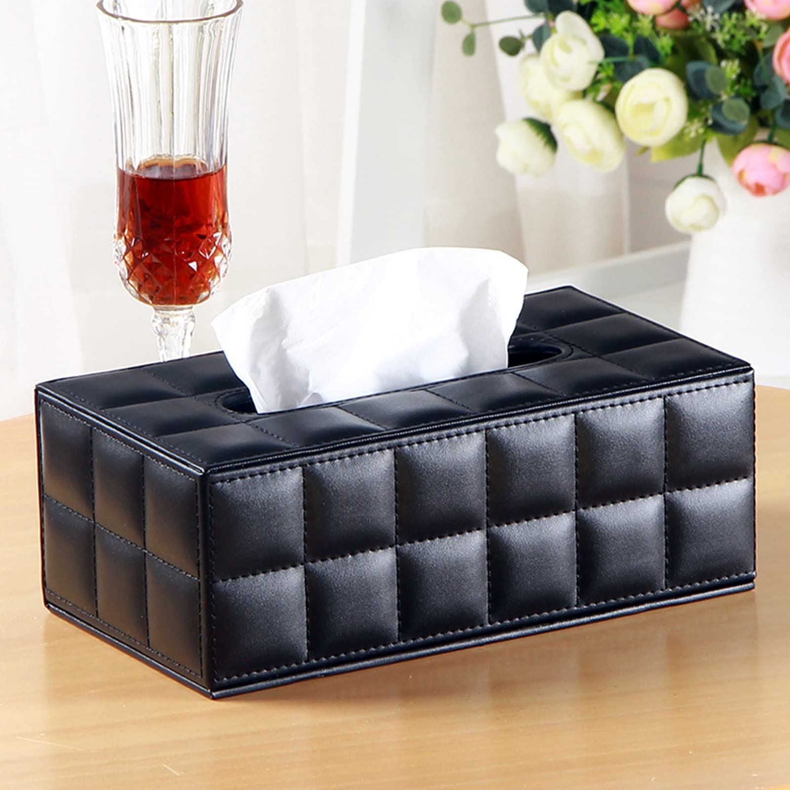 High-end Fashion PU Leather Tissue Box Holder Business Black, Rectangular Napkin Holder Drawer Paper Dispenser  (Black Checkered)