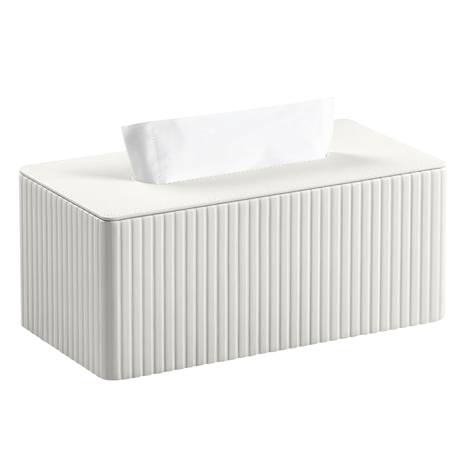 Tissue Box Cover Stylish PU Leather Rectangular Tissue Box Holder with Magnetic Bottom Cover for Bathroom Bedroom  (Cream-white)