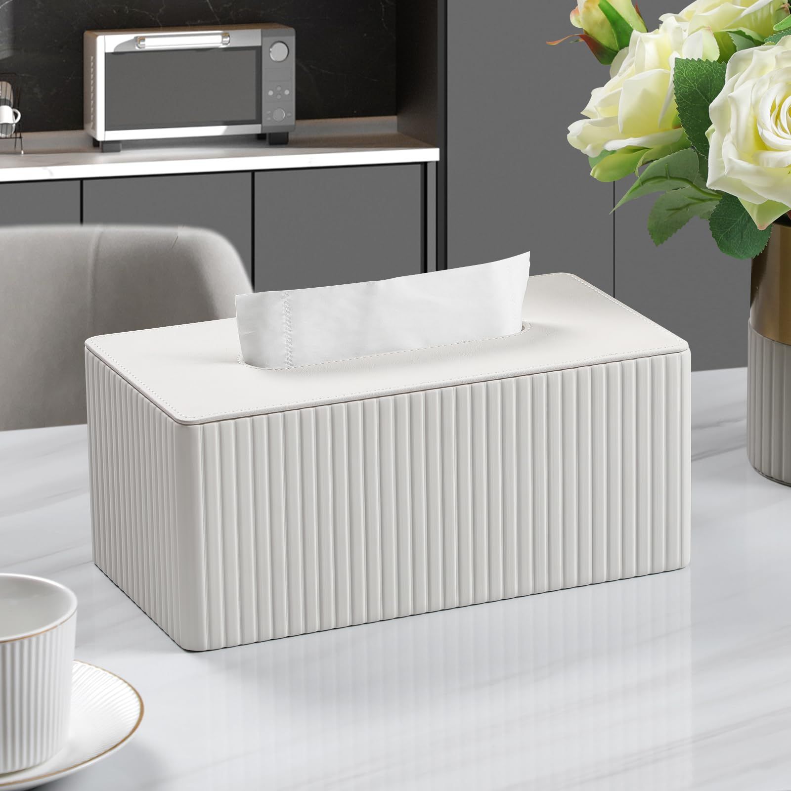 Tissue Box Cover Stylish PU Leather Rectangular Tissue Box Holder with Magnetic Bottom Cover for Bathroom Bedroom  (Cream-white)