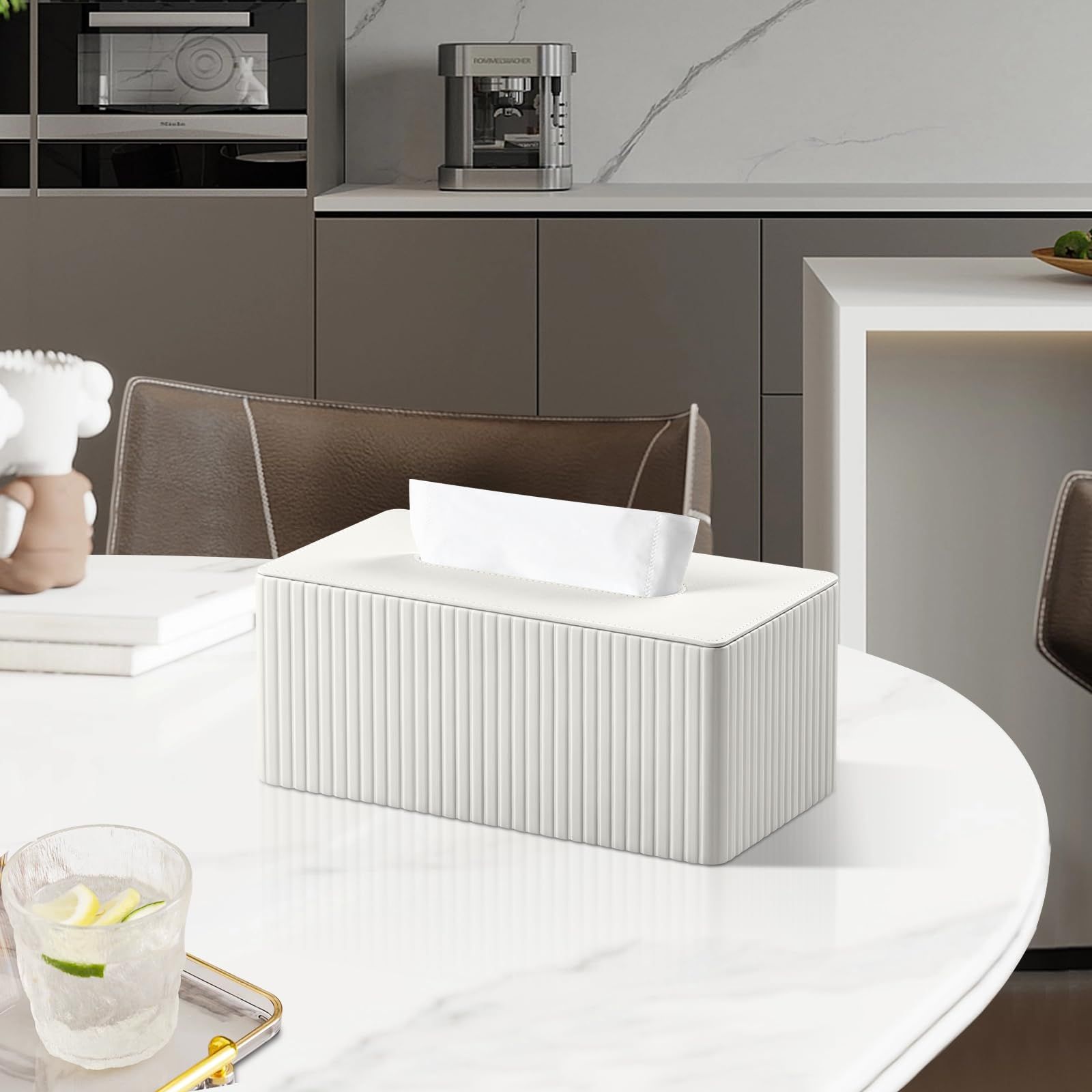 Tissue Box Cover Stylish PU Leather Rectangular Tissue Box Holder with Magnetic Bottom Cover for Bathroom Bedroom  (Cream-white)