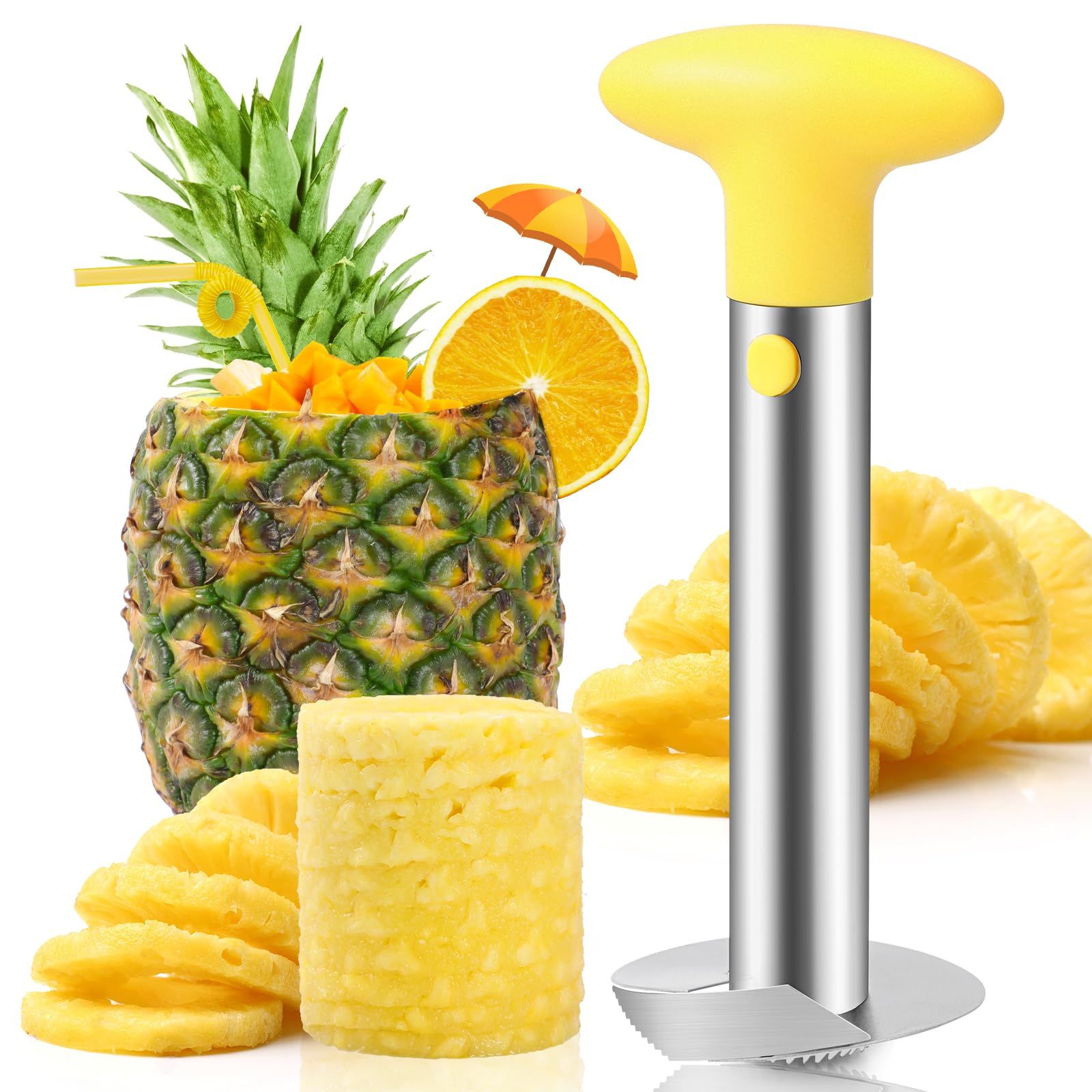 Premium Pineapple Corer and Slicer Tool - Sharp Pineapple Cutter with Serrated Tips - Easy to Use and Clean - Stainless (Yellow)