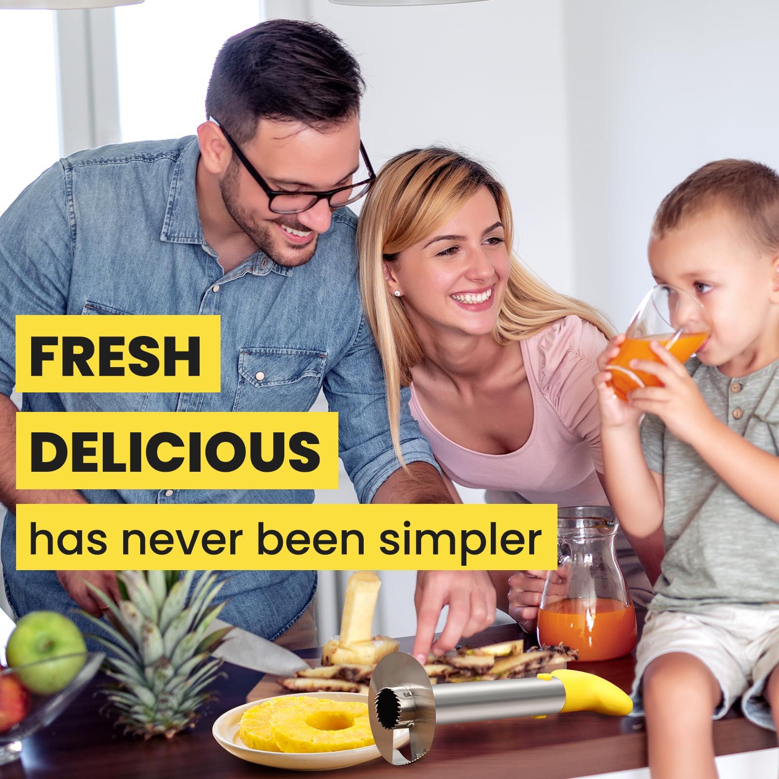 Premium Pineapple Corer and Slicer Tool - Sharp Pineapple Cutter with Serrated Tips - Easy to Use and Clean - Stainless (Yellow)