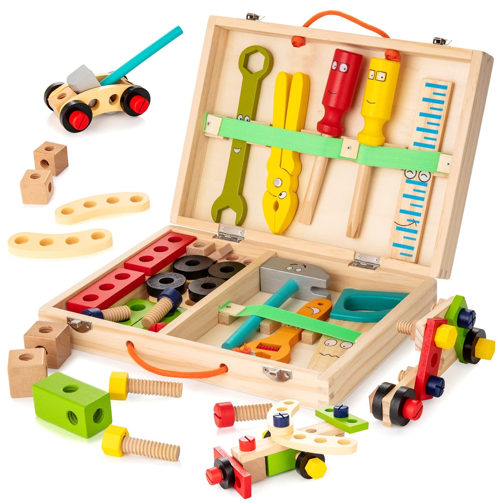 Tool Kit for Kids, Wooden Toddler Tools Set Including Tool Box & DIY Stickers, Montessori Educational Construction Toys