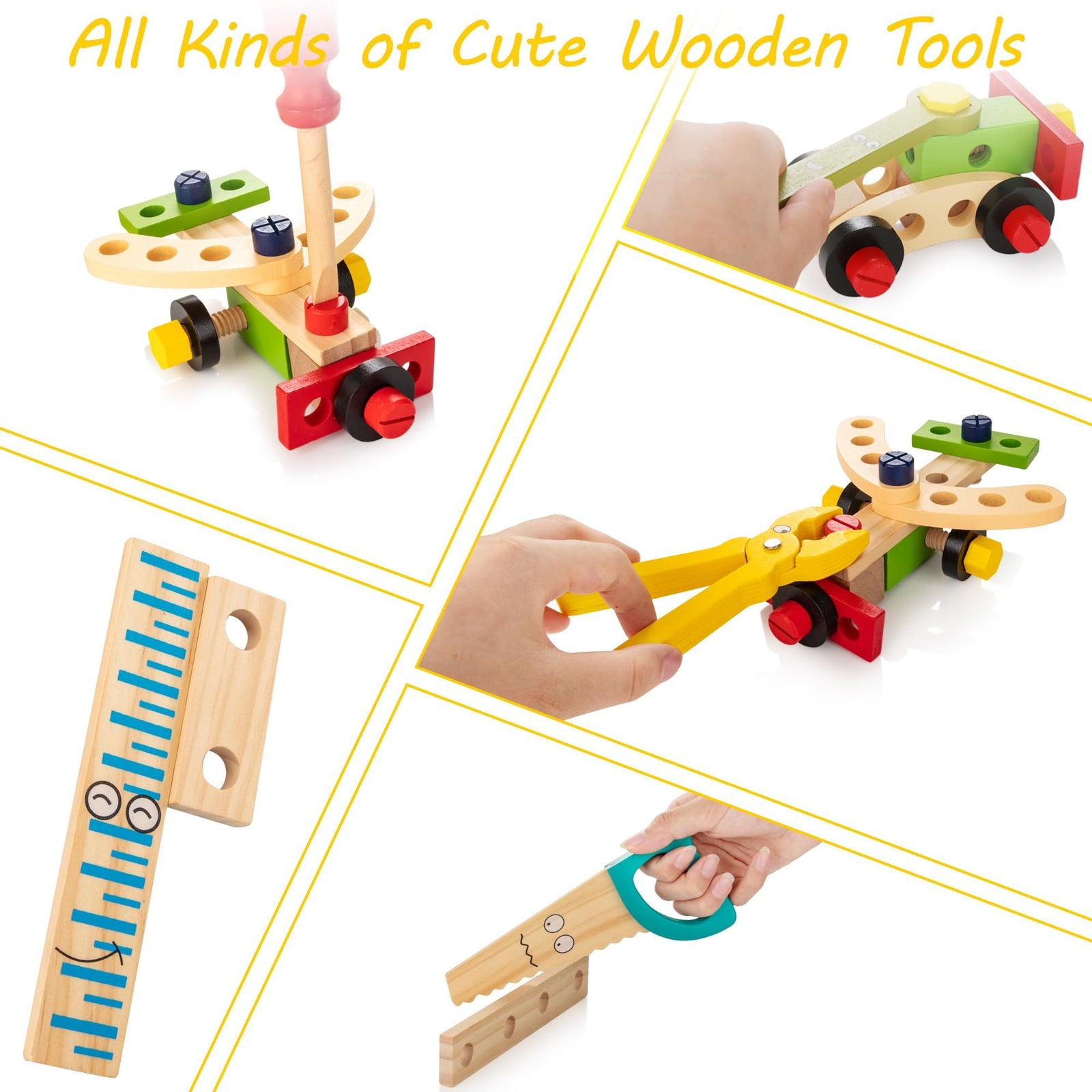 Tool Kit for Kids, Wooden Toddler Tools Set Including Tool Box & DIY Stickers, Montessori Educational Construction Toys