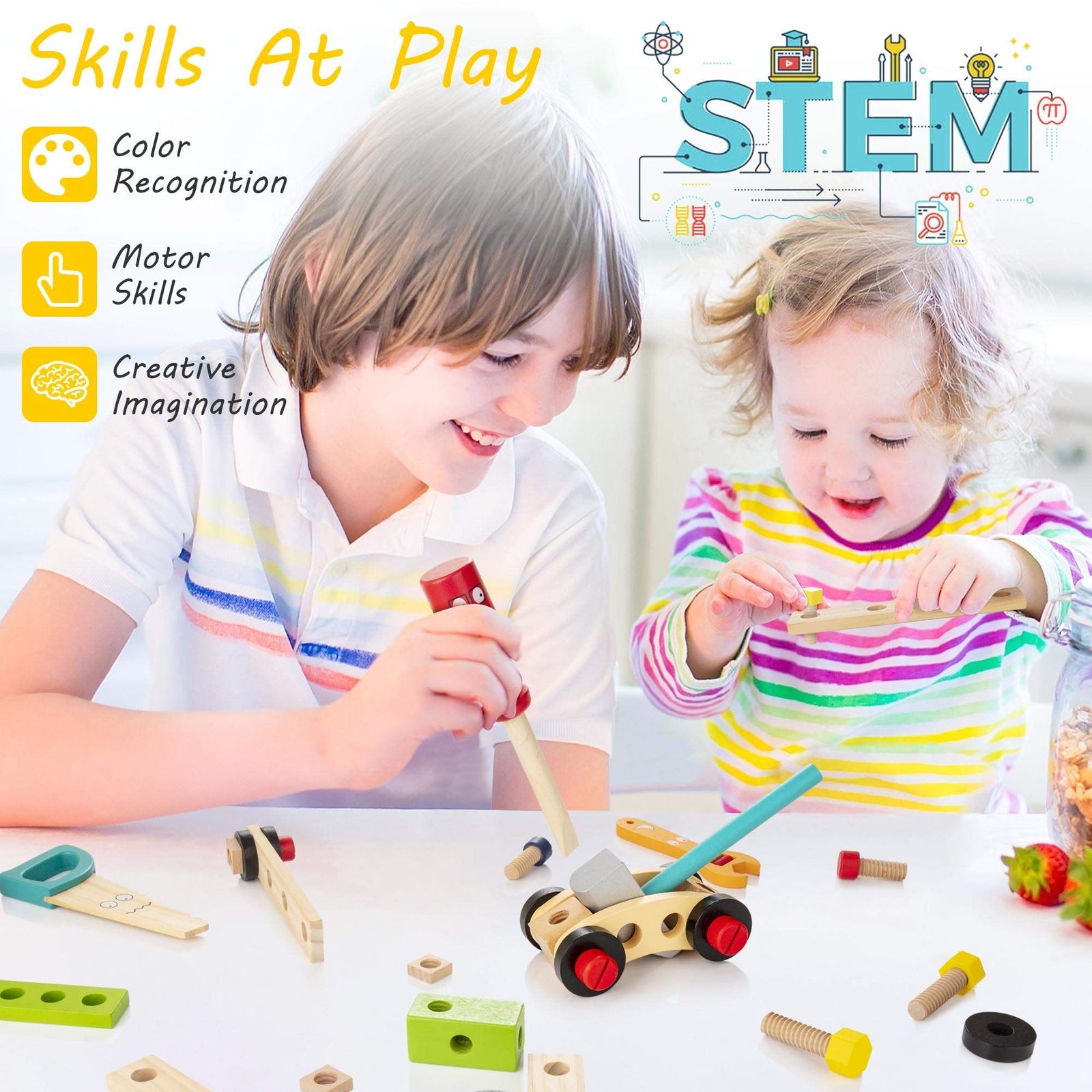Tool Kit for Kids, Wooden Toddler Tools Set Including Tool Box & DIY Stickers, Montessori Educational Construction Toys