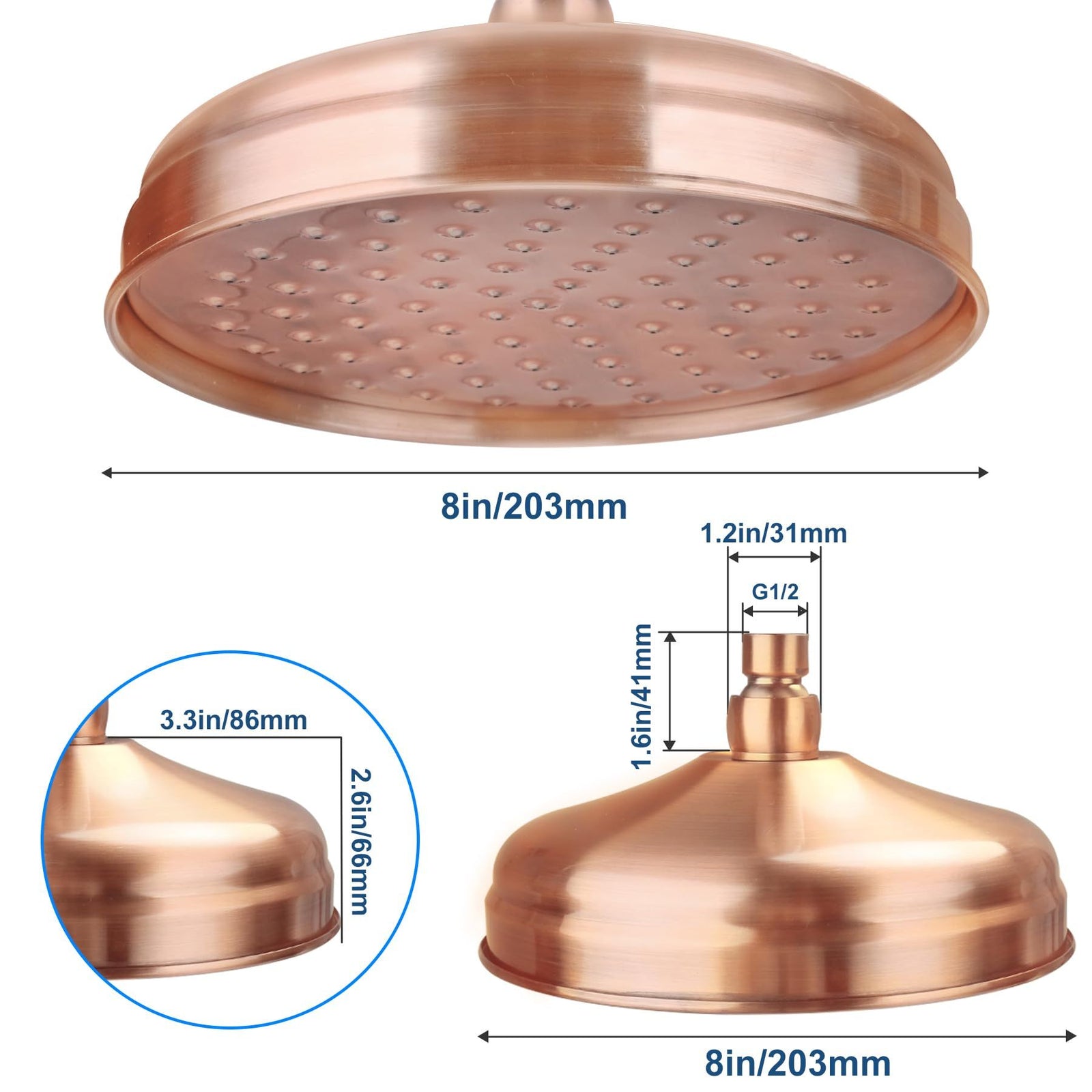 Copper Shower Heads Antique Red - Round 8 Inch Rainfall Garden High Pressure with Adjustable Rain Shower Heads
