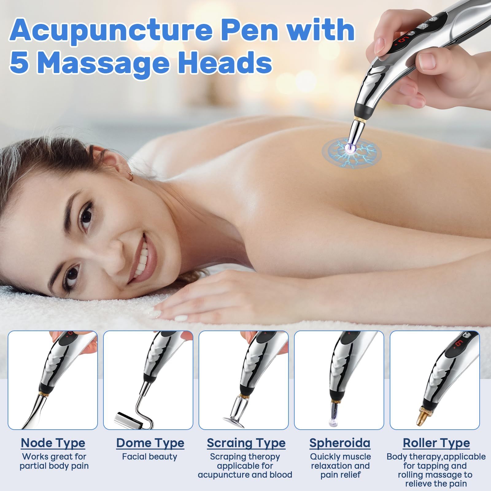Acupuncture Pen, 5-in-1 Electronic Acupuncture Pen Pain Relief Therapy Rechargeable Powerful Meridian Energy Massage