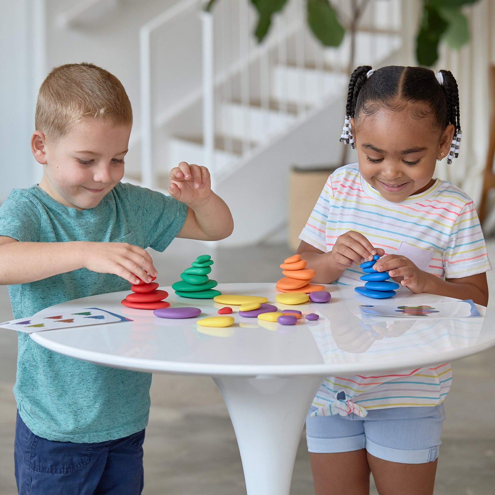 Set of 38 Sorting and Stacking Stones with 20 Activity Cards - In Home Learning Toy for Early Math Rainbow Pebbles