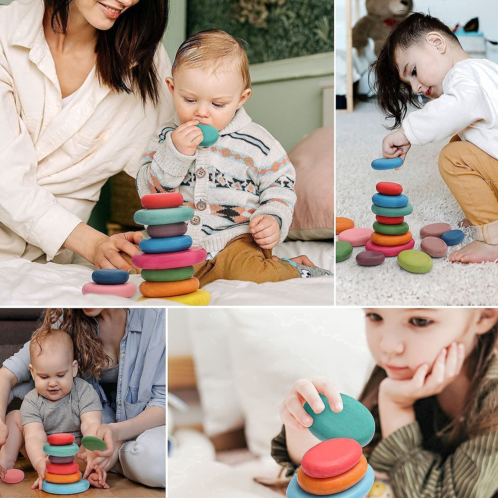 Set of 38 Sorting and Stacking Stones with 20 Activity Cards - In Home Learning Toy for Early Math Rainbow Pebbles