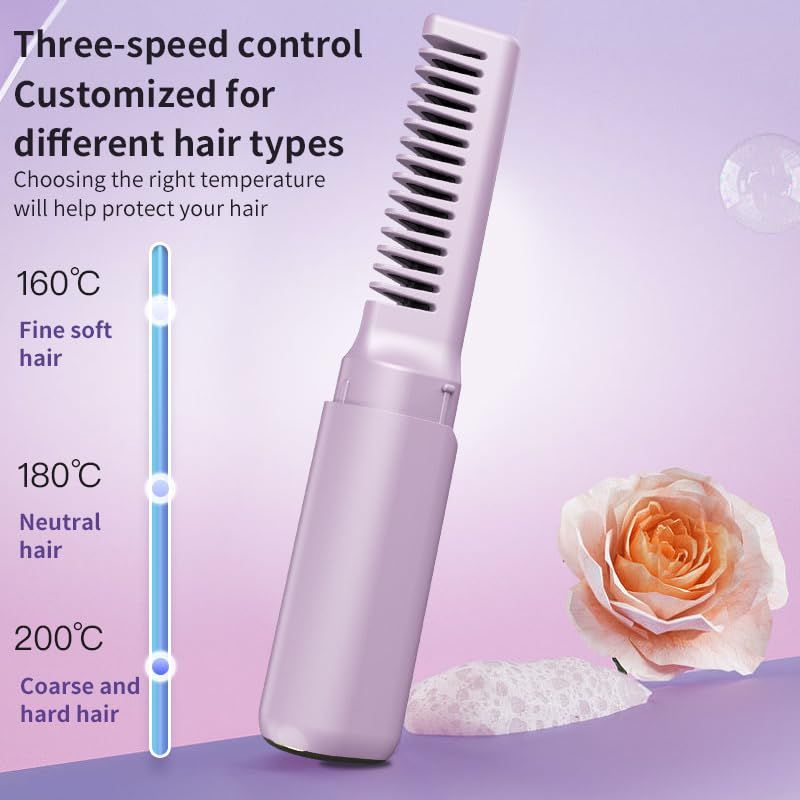 2pc Rechargeable Mini Hair Straightener Cordless Heating Comb Iron LCD Display Portable Travel Heat Brush