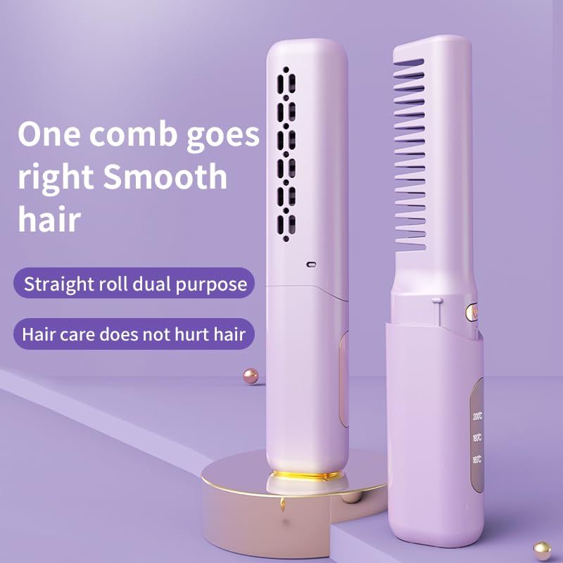 2pc Rechargeable Mini Hair Straightener Cordless Heating Comb Iron LCD Display Portable Travel Heat Brush