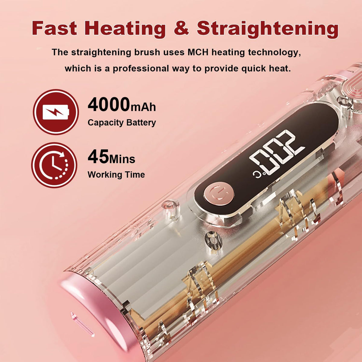 2pc Cordless Hair Straightener Brush for Women,Electric Hair Straightening Comb with Negative Ions,Fast Heating,Rechargeable