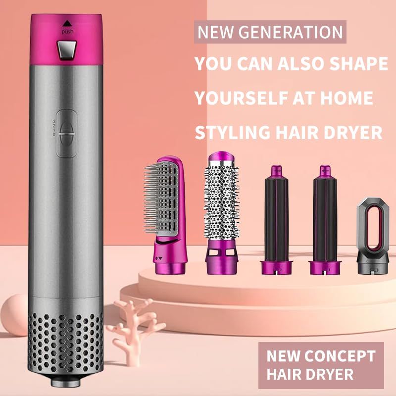 5 in 1 Hot Air Brush with Interchangeable Brush Head,Professional Hot Air Brush for Curling Drying Straightening Combing