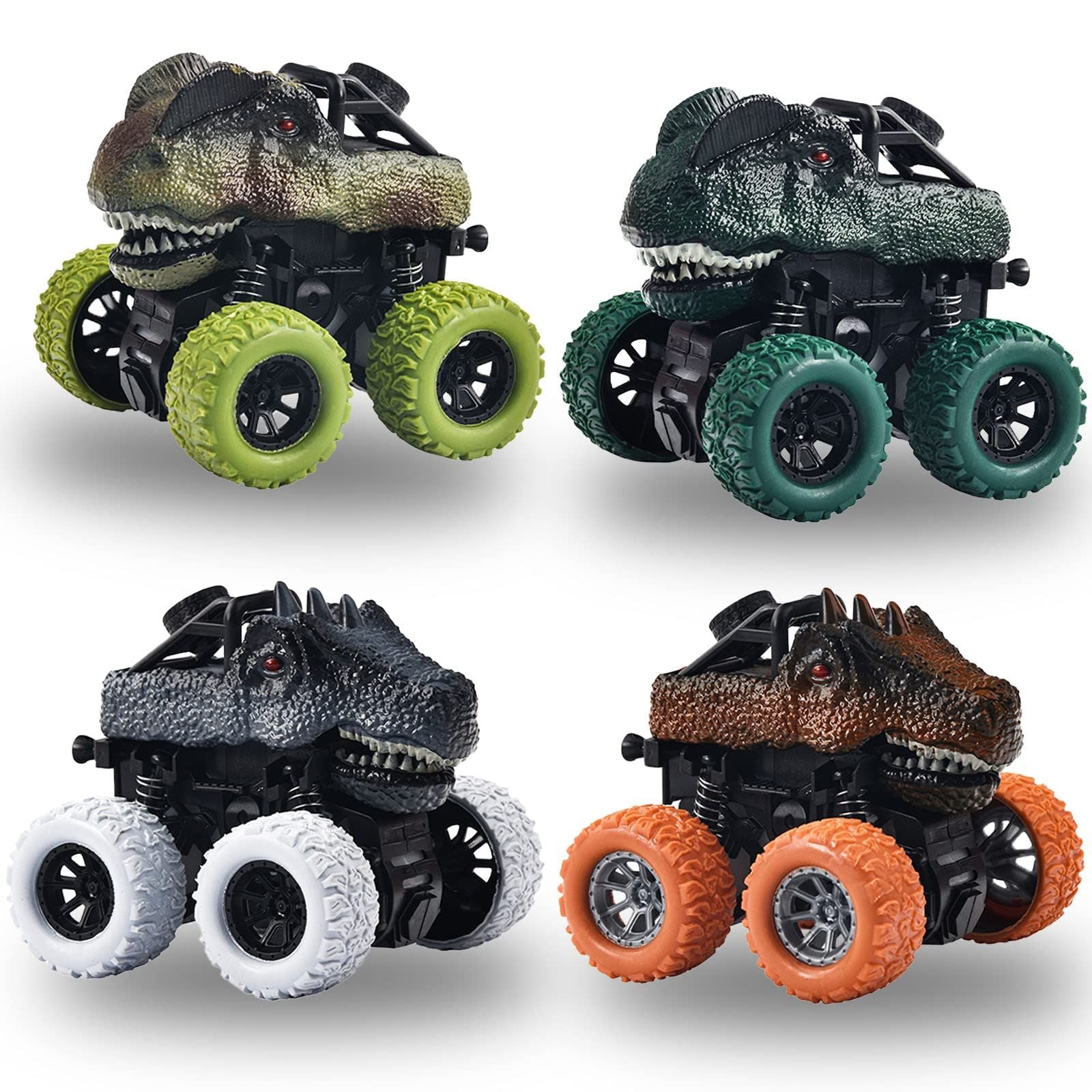 Dinosaur Truck Toys for Kids, 4 Pack Pull Back Vehicles Cars for Toddlers, Rotation 4 Wheels Drive Durable Friction Powered Push