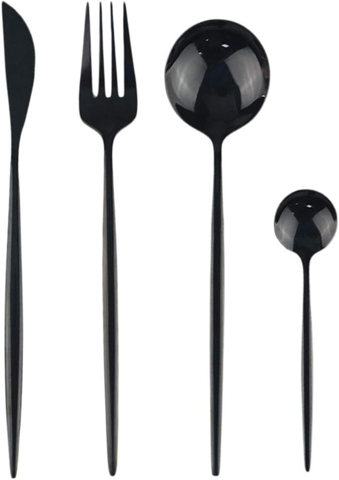 24-Piece Flatware Set, Stainless Steel Knife Fork Spoon Teaspoon Silverware Set, Service for 6, Mirror Black