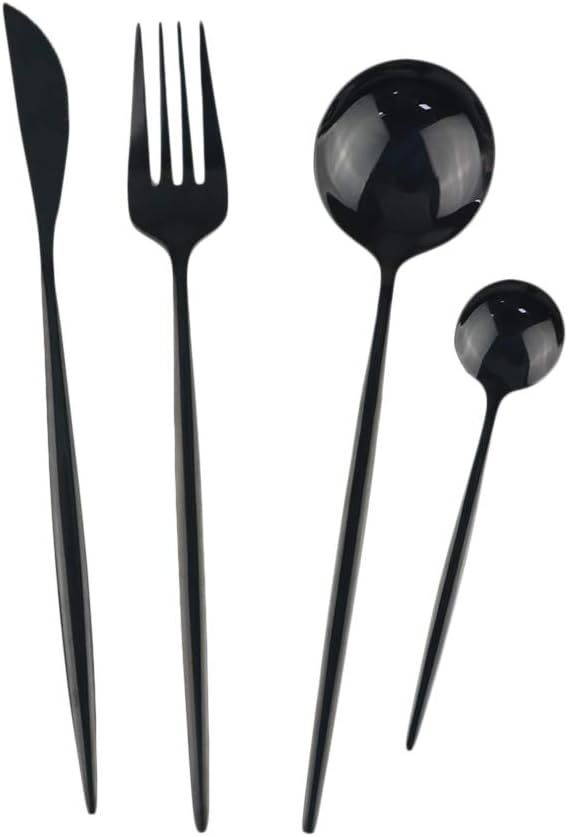 24-Piece Flatware Set, Stainless Steel Knife Fork Spoon Teaspoon Silverware Set, Service for 6, Mirror Black